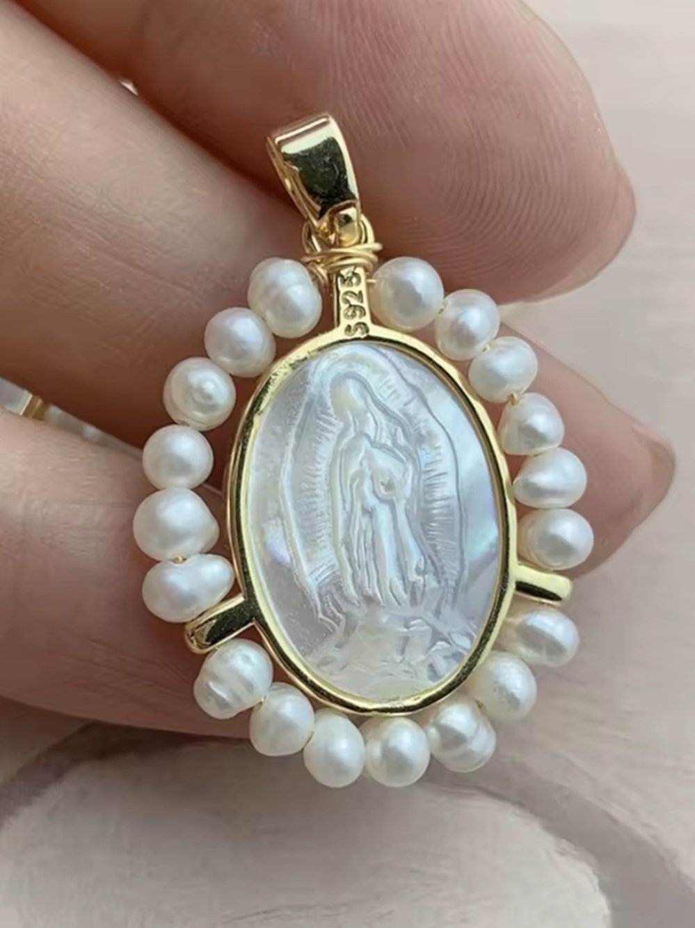 Gold Pearl Virgin Mary Mother-of-Pearl Pendant Necklace